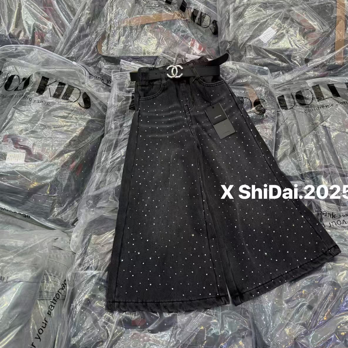 萝莉家  女童一体绒大阔腿牛仔裤