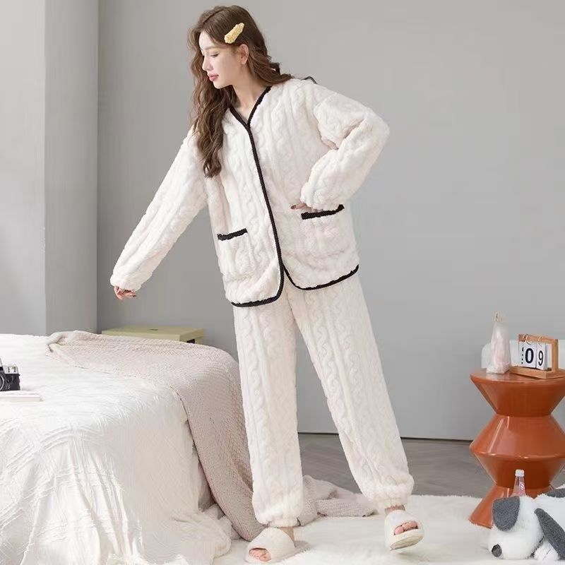【福利专享】小香风保暖长袖纯色加厚加绒女秋冬睡衣舒适套装