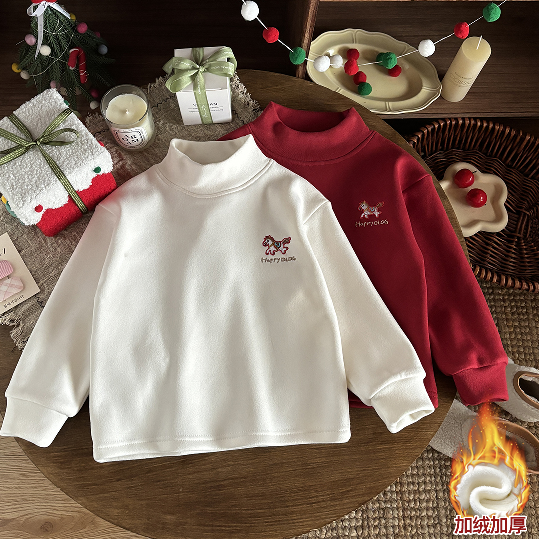 【“马”上发财】儿童冬季加绒加厚打底衣中高领百搭大红上衣男女童