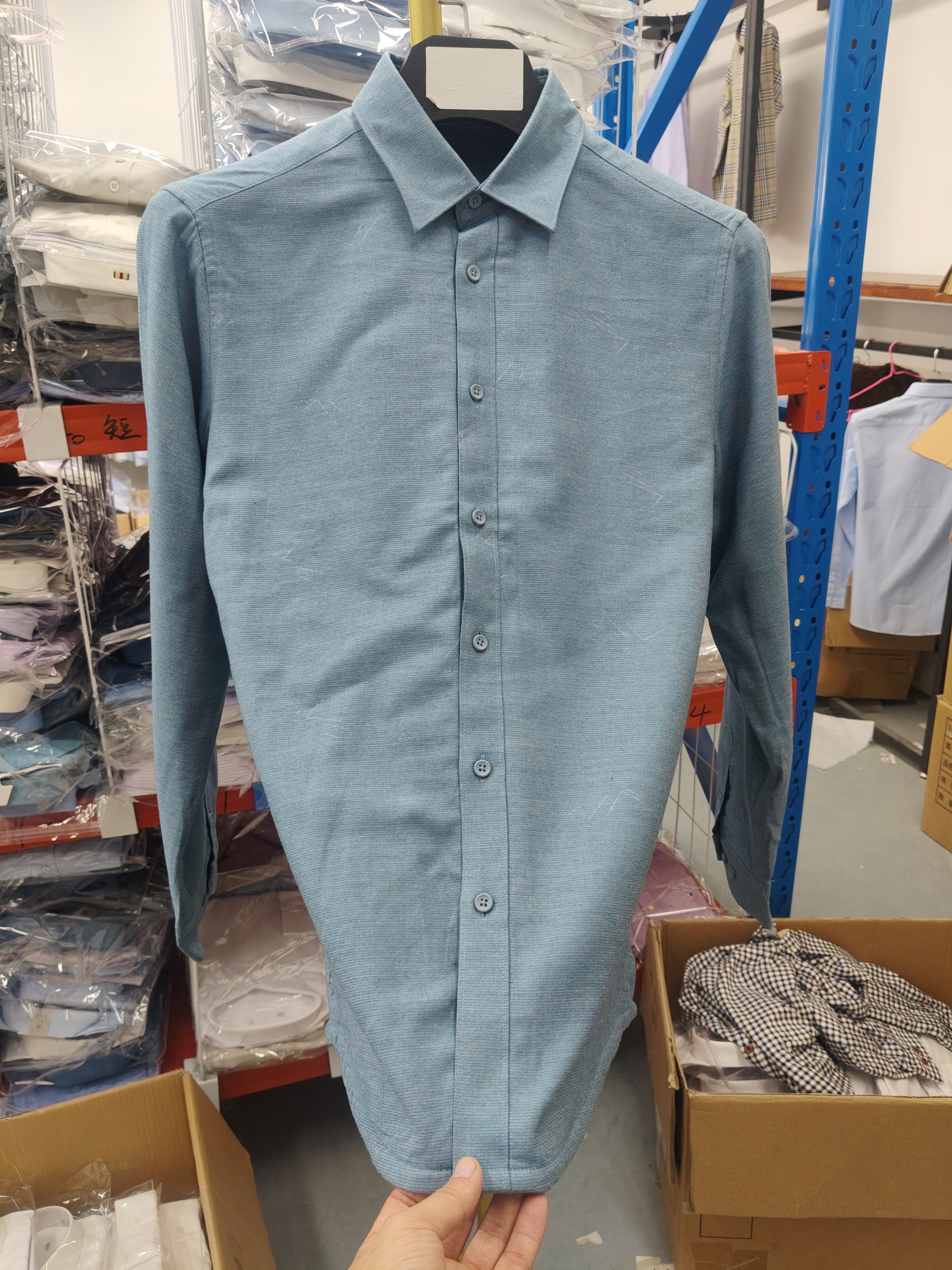 一线品牌撤柜剪标-抗皱加绒加厚蓝灰色碎花男士长袖休闲百搭衬衫