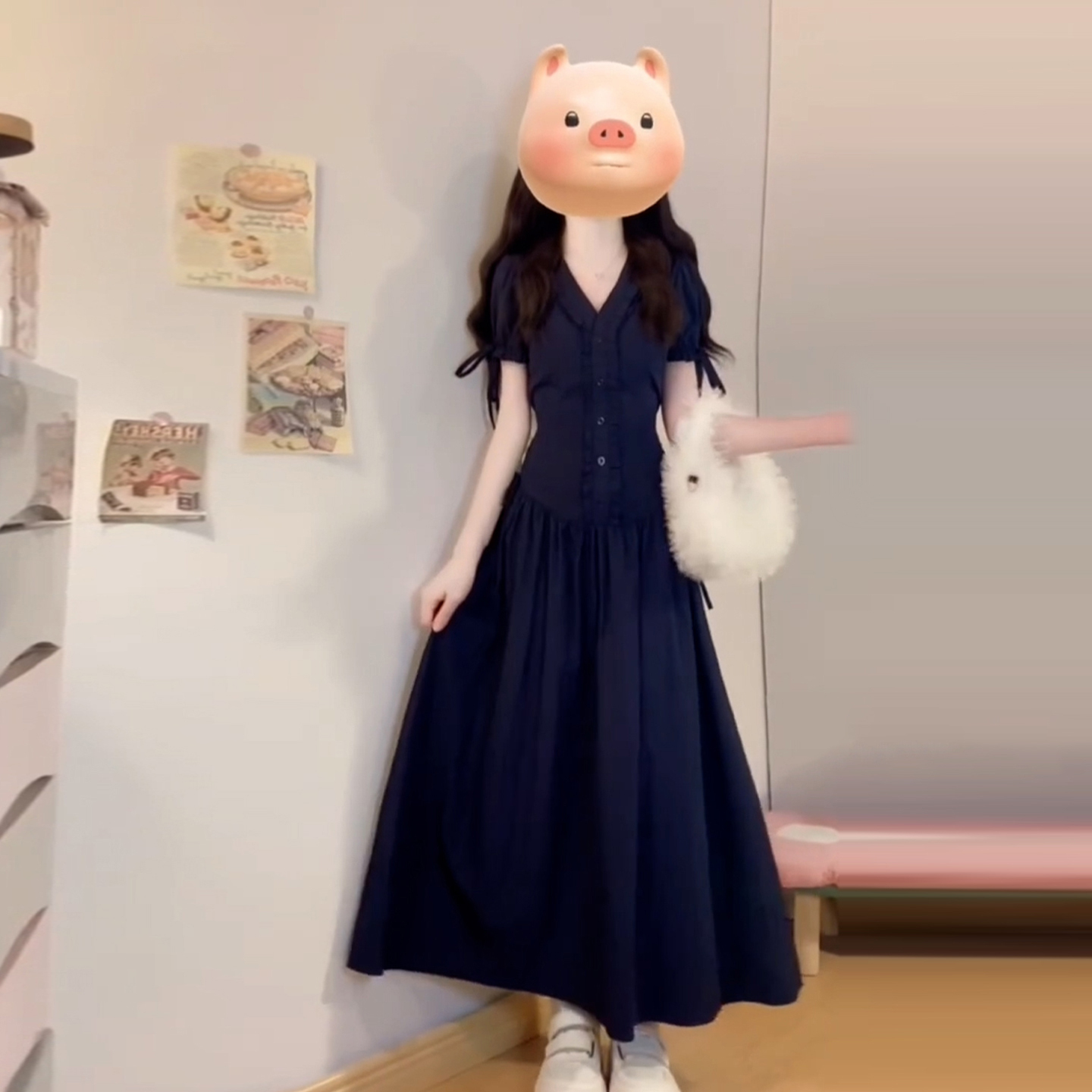 【现货+运补】法式学院风蕾丝花边蓝色连衣裙子女高级感长裙4877