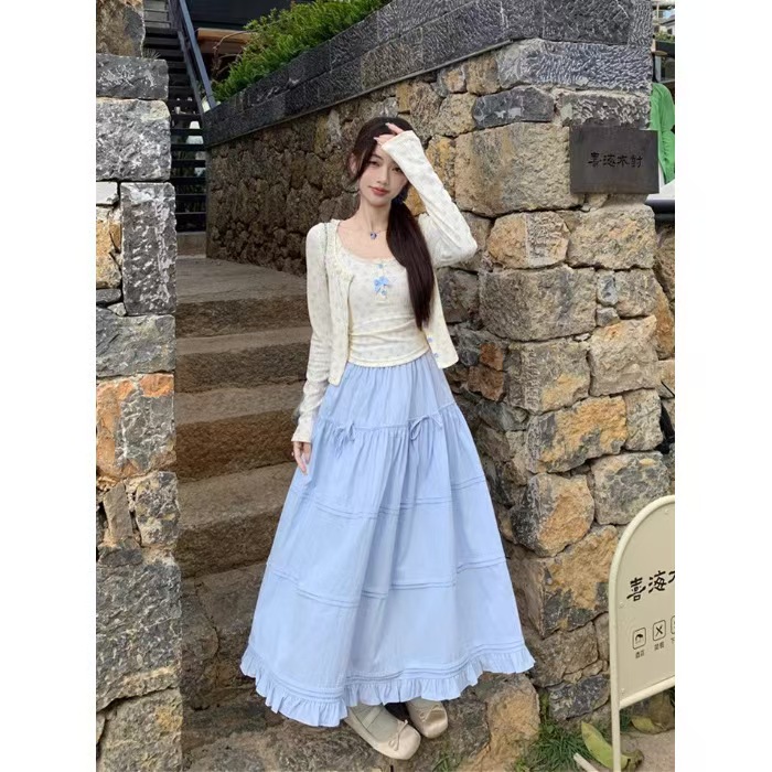 茶系穿搭套装春秋纯欲温柔碎花蕾丝开衫吊带背心半身长裙三件套