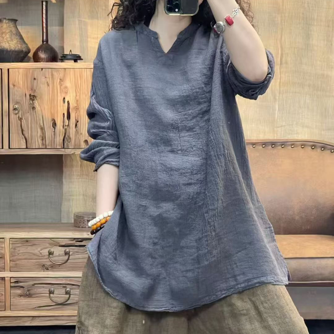 秋季亚麻炒色做旧V领女装休闲上衣(长79胸围122)