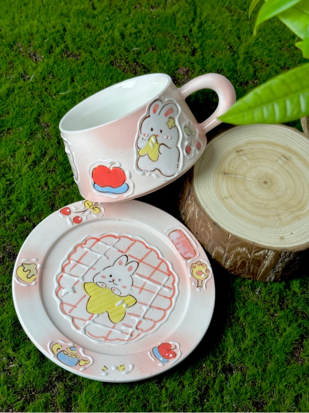 景德镇粉色卡通兔子咖啡杯釉下彩手绘立体釉马克杯套杯日用杯子