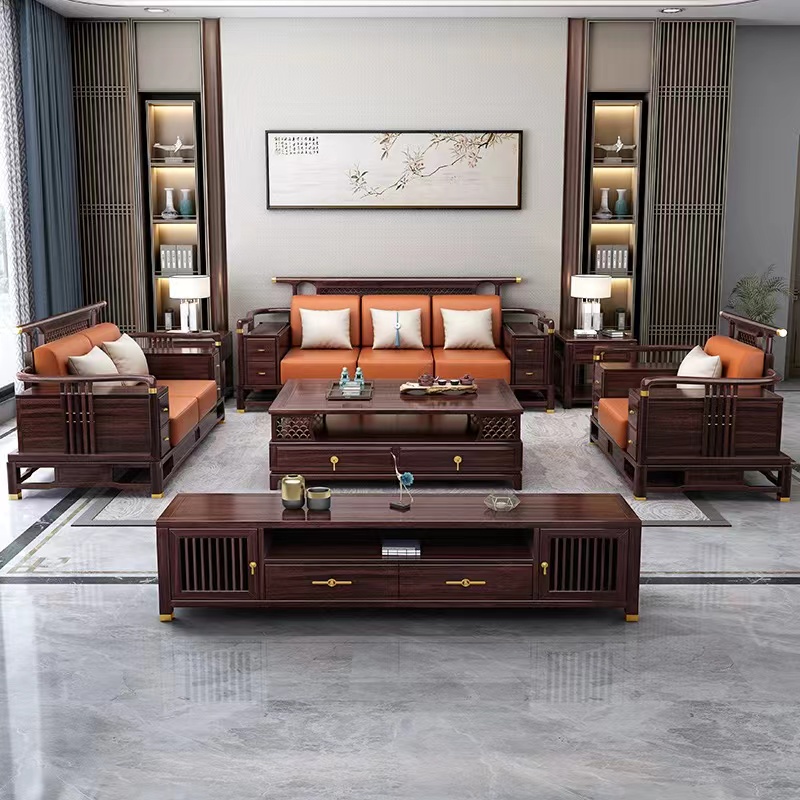 新中式黑檀木木质成套家用储物沙发电视柜储物冬夏两用坐垫可折叠