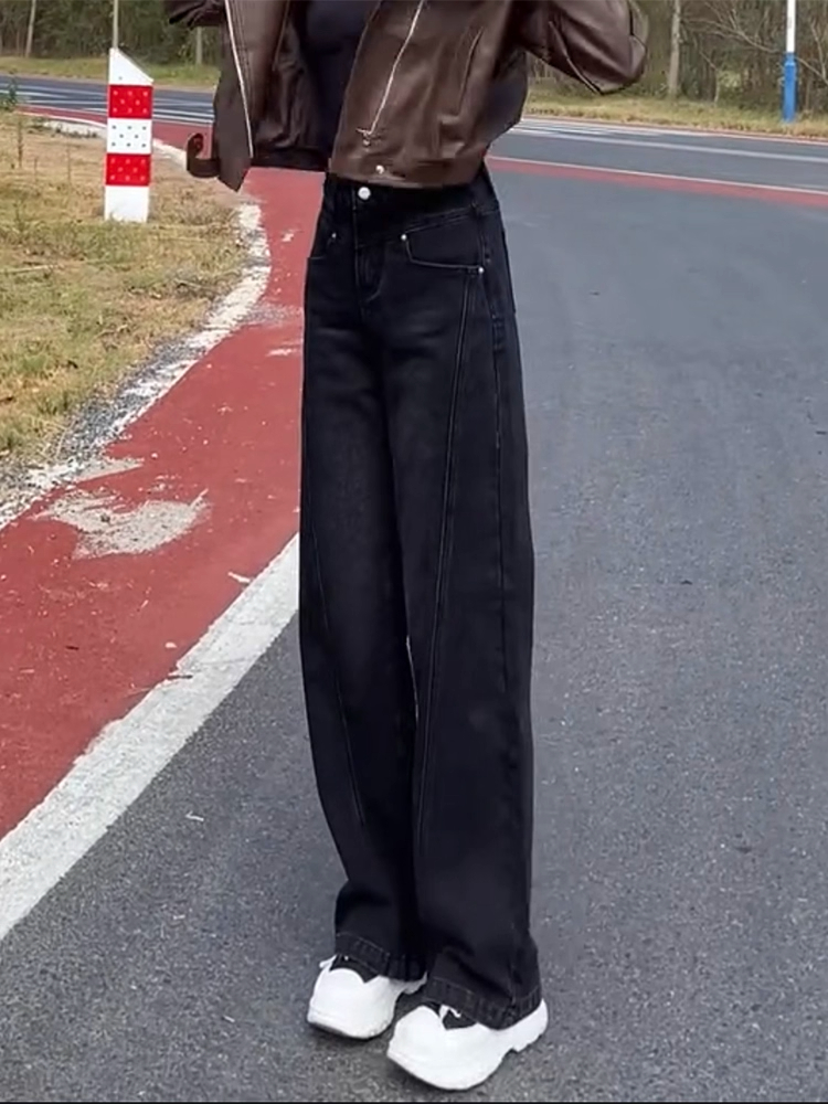 胖mm黑色气质阔腿牛仔裤女大码显瘦直筒裤窄版阔腿裤遮肉拖地长裤