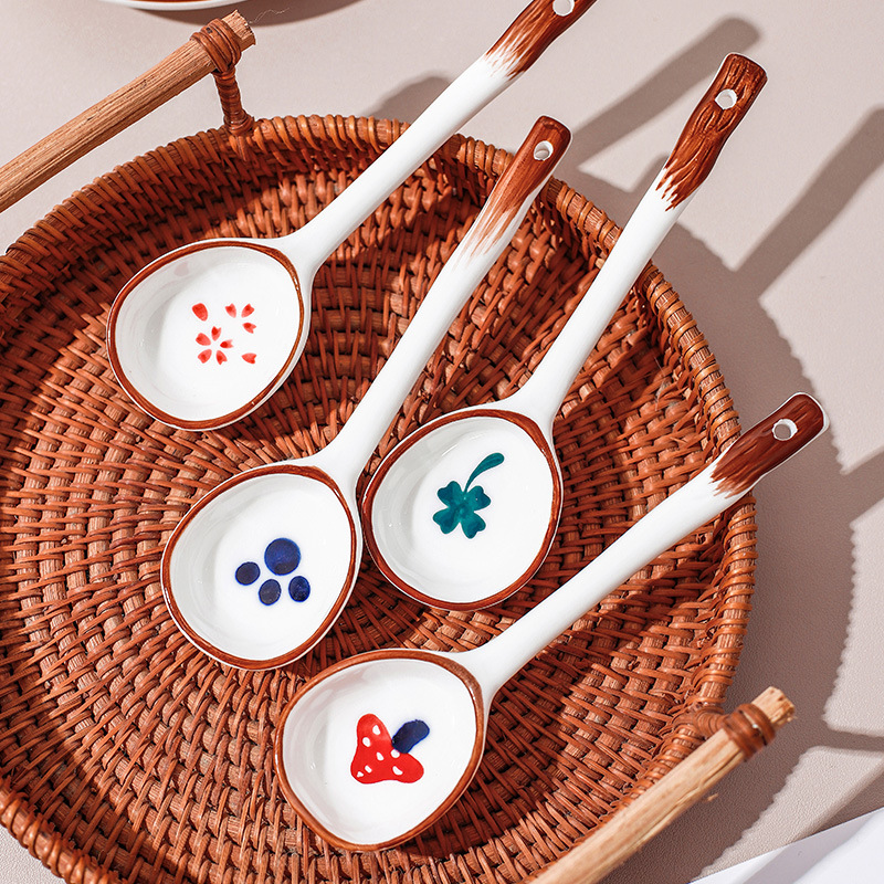 洁思奥日式手绘陶瓷勺子家用高颜值喝汤调羹长柄汤匙舀粥甜品勺