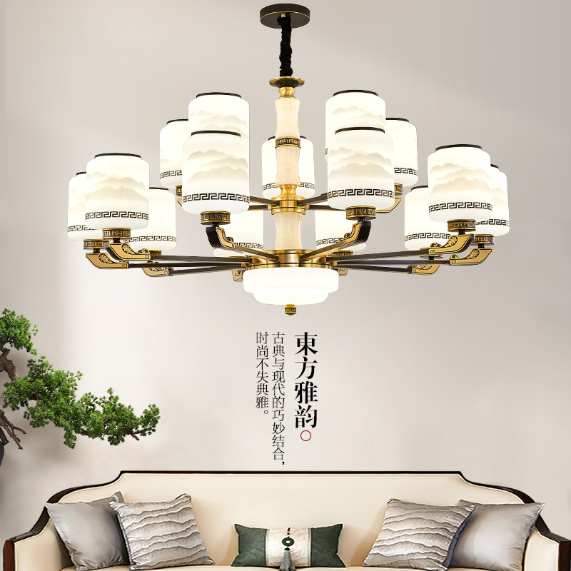 新中式吊灯全铜玉石客厅灯餐厅卧室中国风现代复式楼别墅大厅主灯