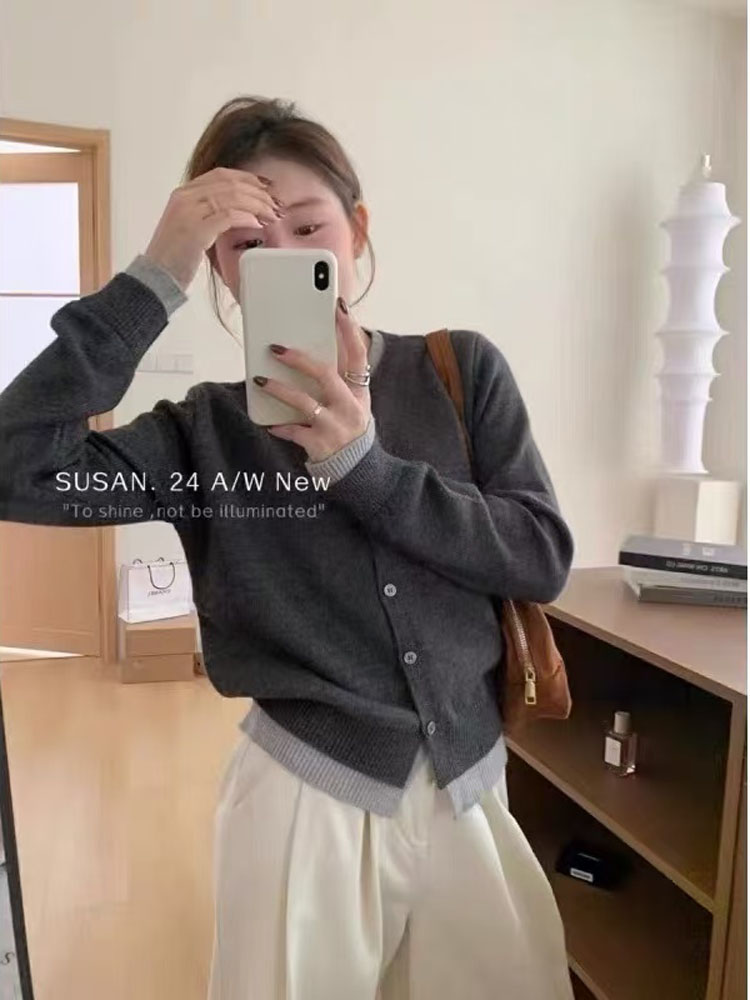 韩系糖果色拼接假两件2025新款显瘦小众针织毛衣开衫外套女潮春秋