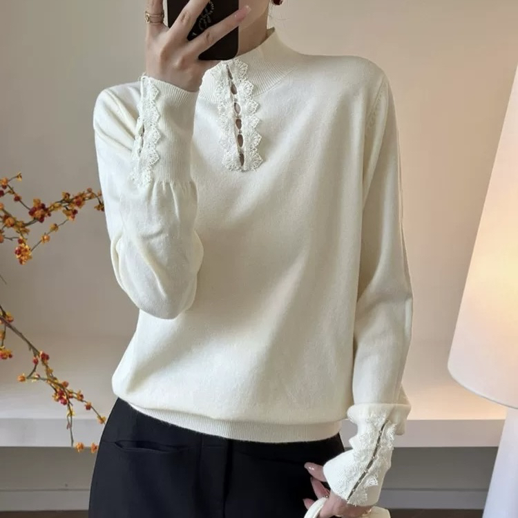 高级感蕾丝镂空半高领毛衣女2025秋冬款优雅气质保暖针织衫