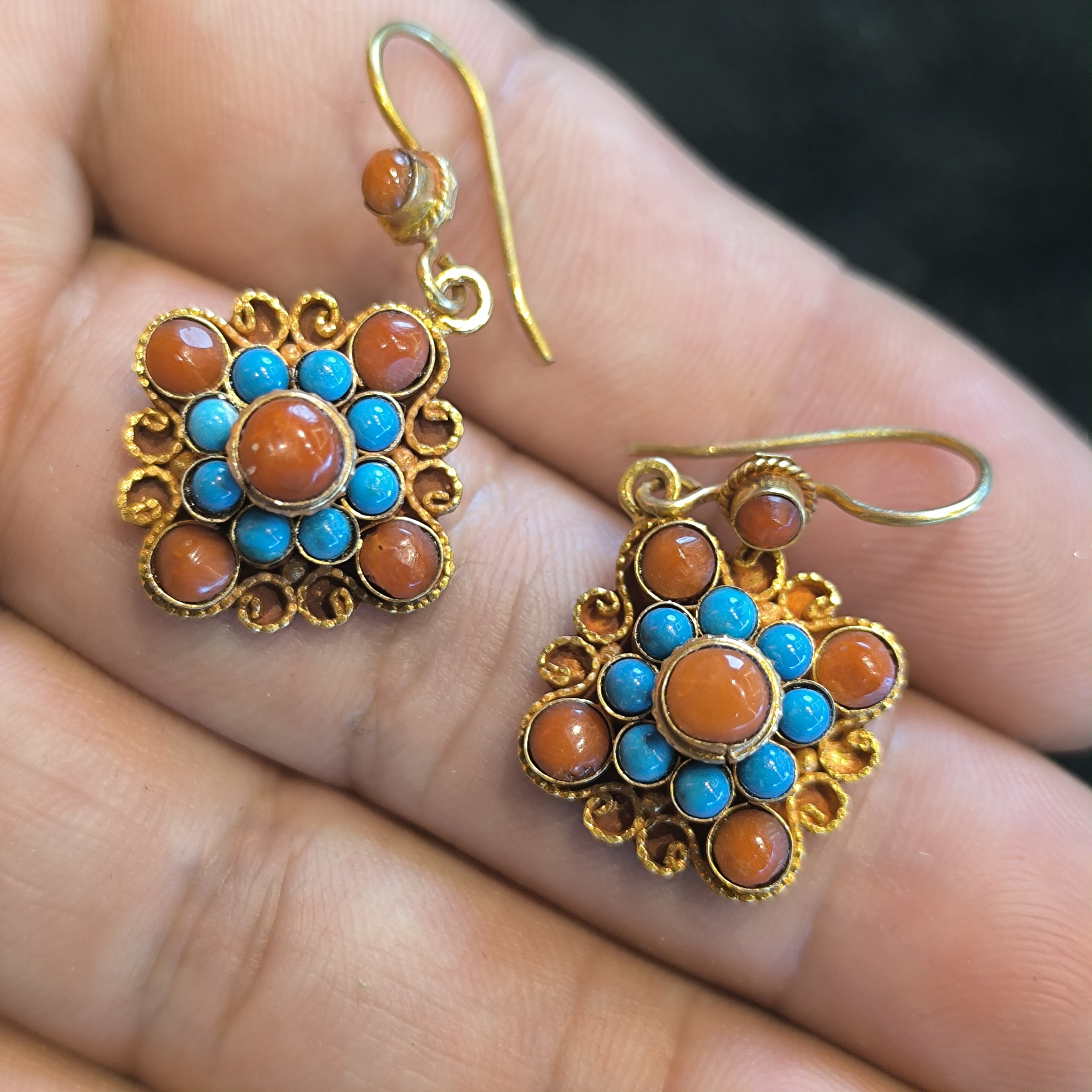 925银莫桑石耳饰 925银镀金红色点缀松石如意耳坠