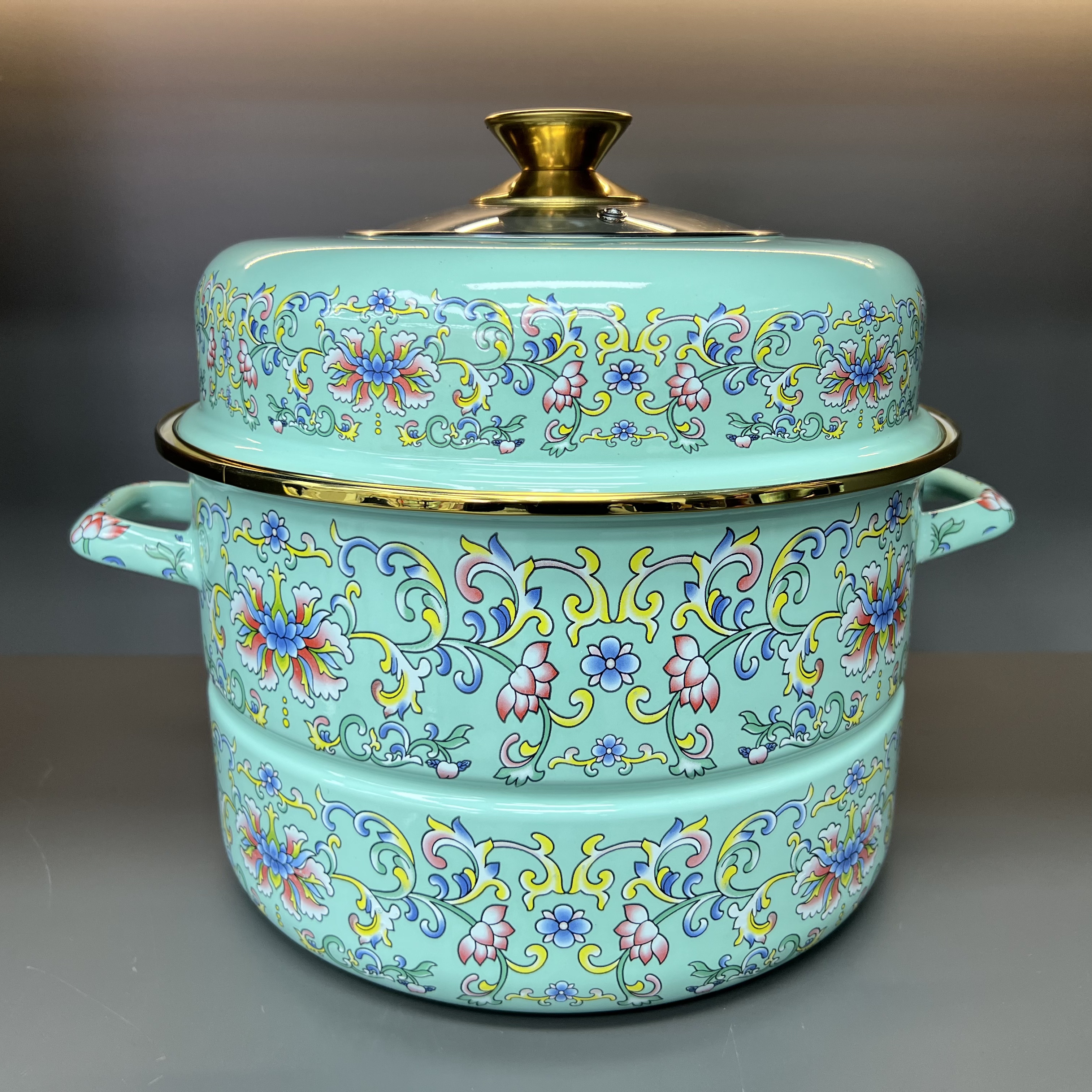 30cm珐琅搪瓷绿钩莲蒸锅可视玻璃盖双层蒸锅炖锅电磁炉明火通用