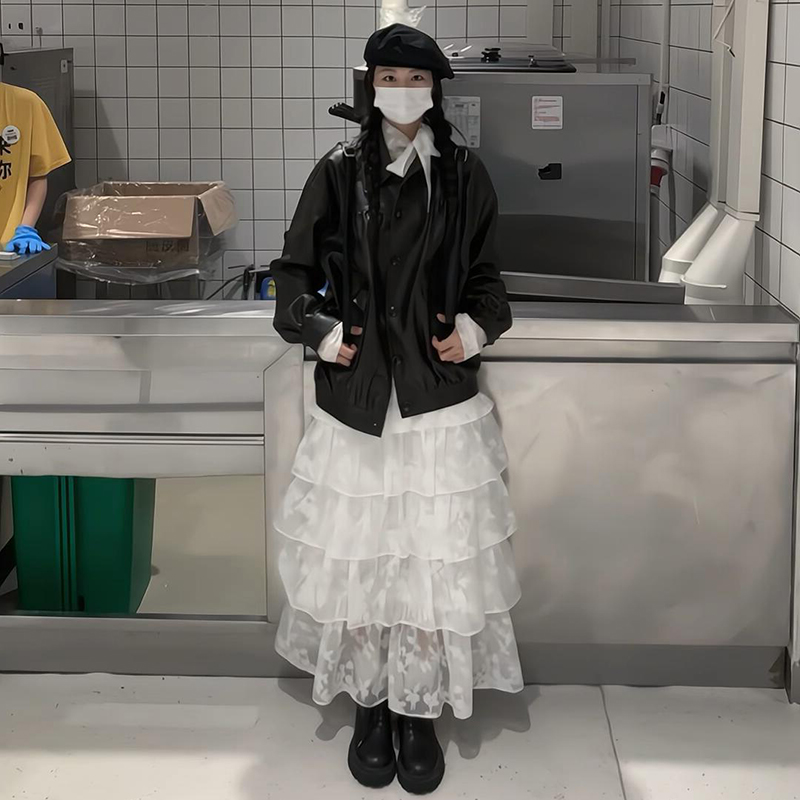 【2590】黑色皮衣外套女秋季美式复古夹克白色蕾丝上衣