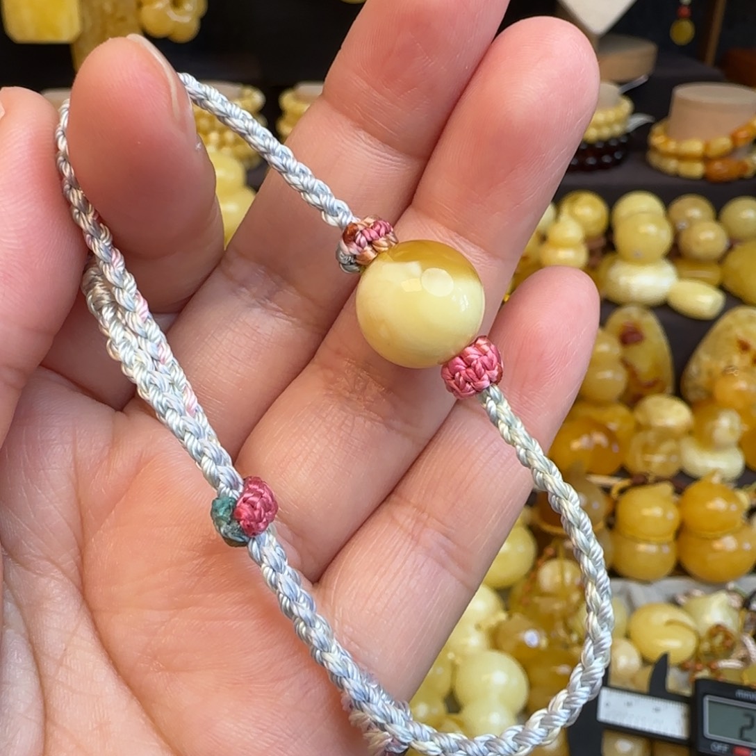 琥珀未镶嵌手绳天然俄料金白妖花蜜蜡圆珠手绳