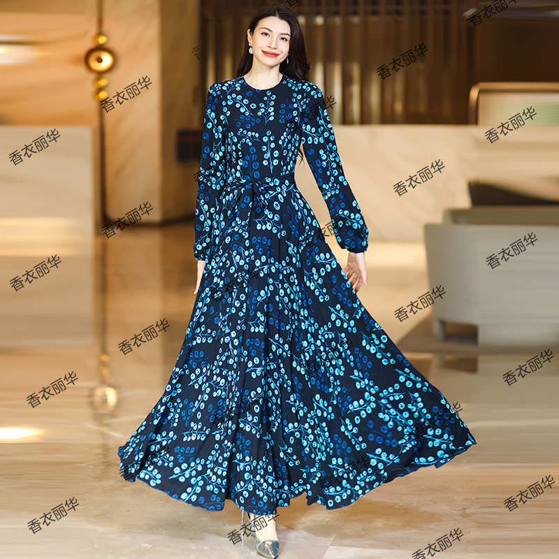 香衣丽华36-294春季新款长款过膝大摆连衣裙修身显瘦气质简约长裙