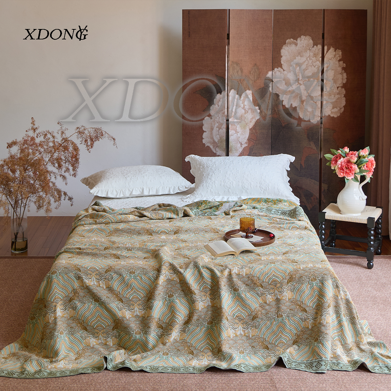 XDONGY（冬云家纺）高定230*250锦绣 宋锦黄 超柔床盖毯