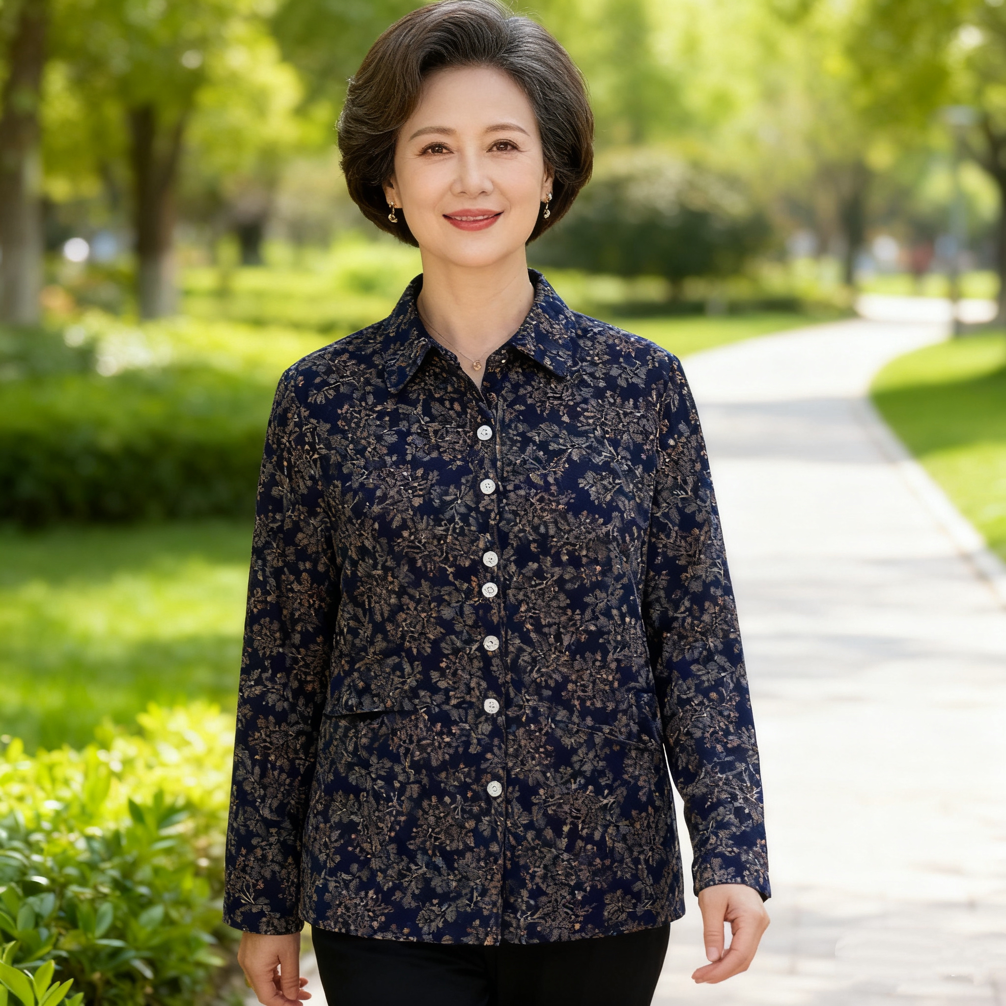 中老年女士轻薄翻领碎花减龄长袖衬衫时尚百搭春秋装