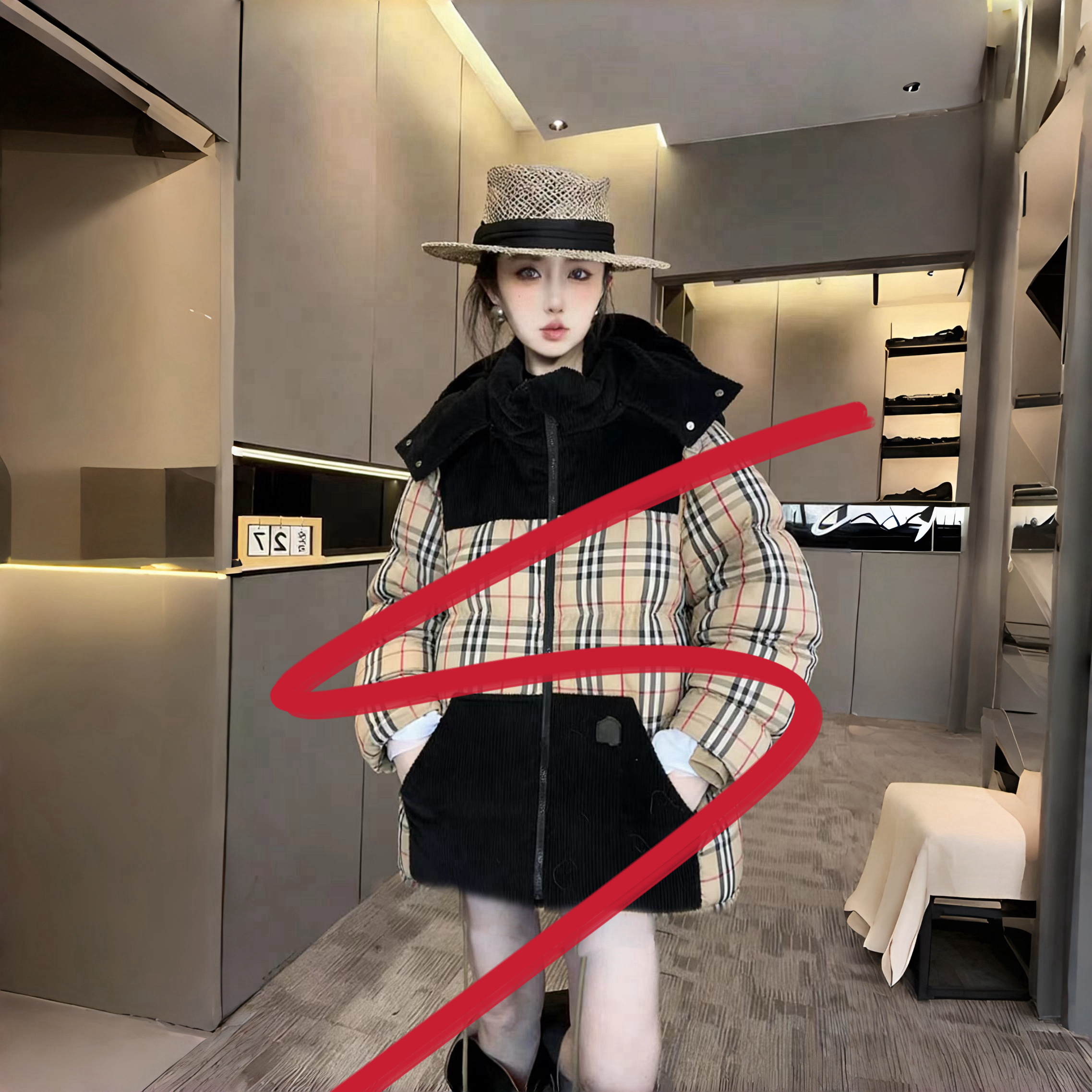 3125加厚男女同款潮牌灯芯绒撞色格连帽加厚休闲白鸭绒羽绒服黑色