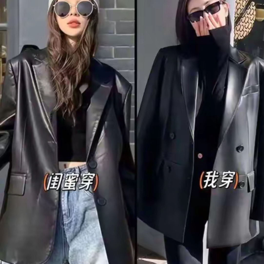 百搭中长西装款皮衣宽松型时尚厚款西装领网红