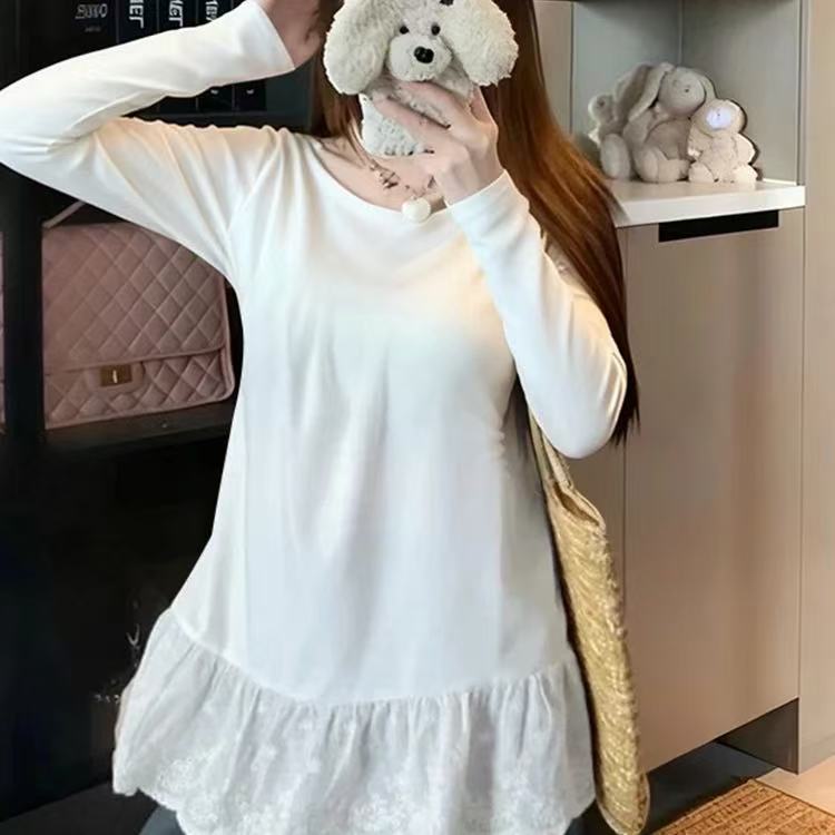 女蕾丝防静电套装公主风T恤长袖显瘦内搭圆领时尚