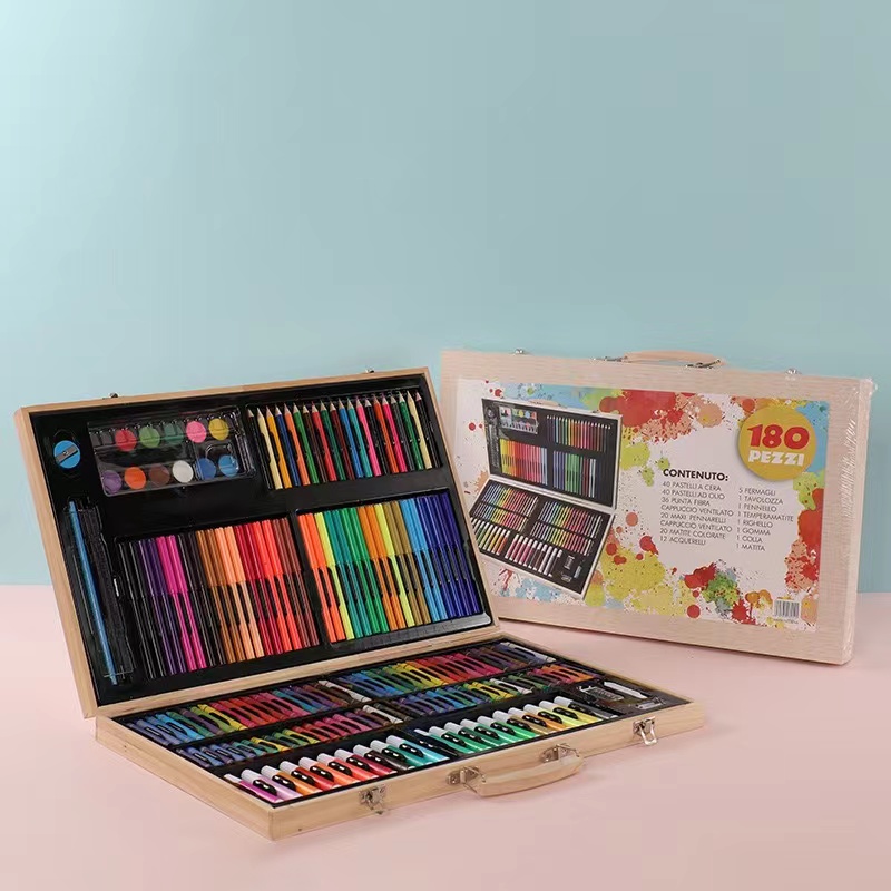180件木盒画笔套装儿童礼盒培训礼品毕业礼物水彩笔蜡笔