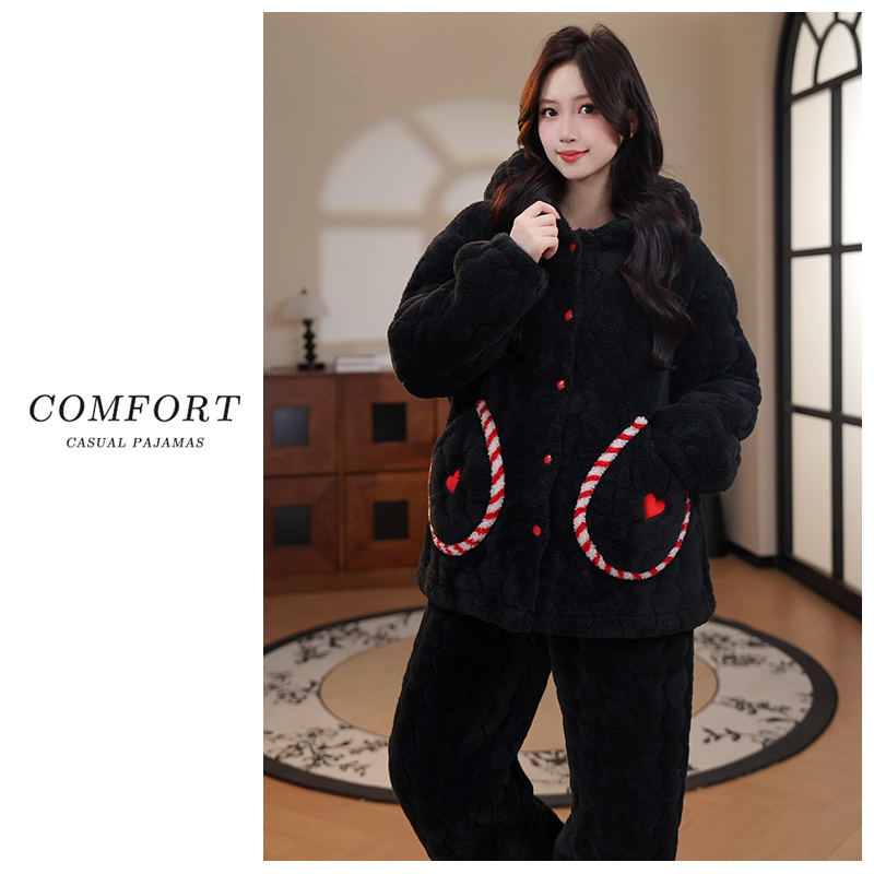 冬季款三层夹棉睡衣女加绒保暖雪花绒百搭可外穿加厚家居服套装