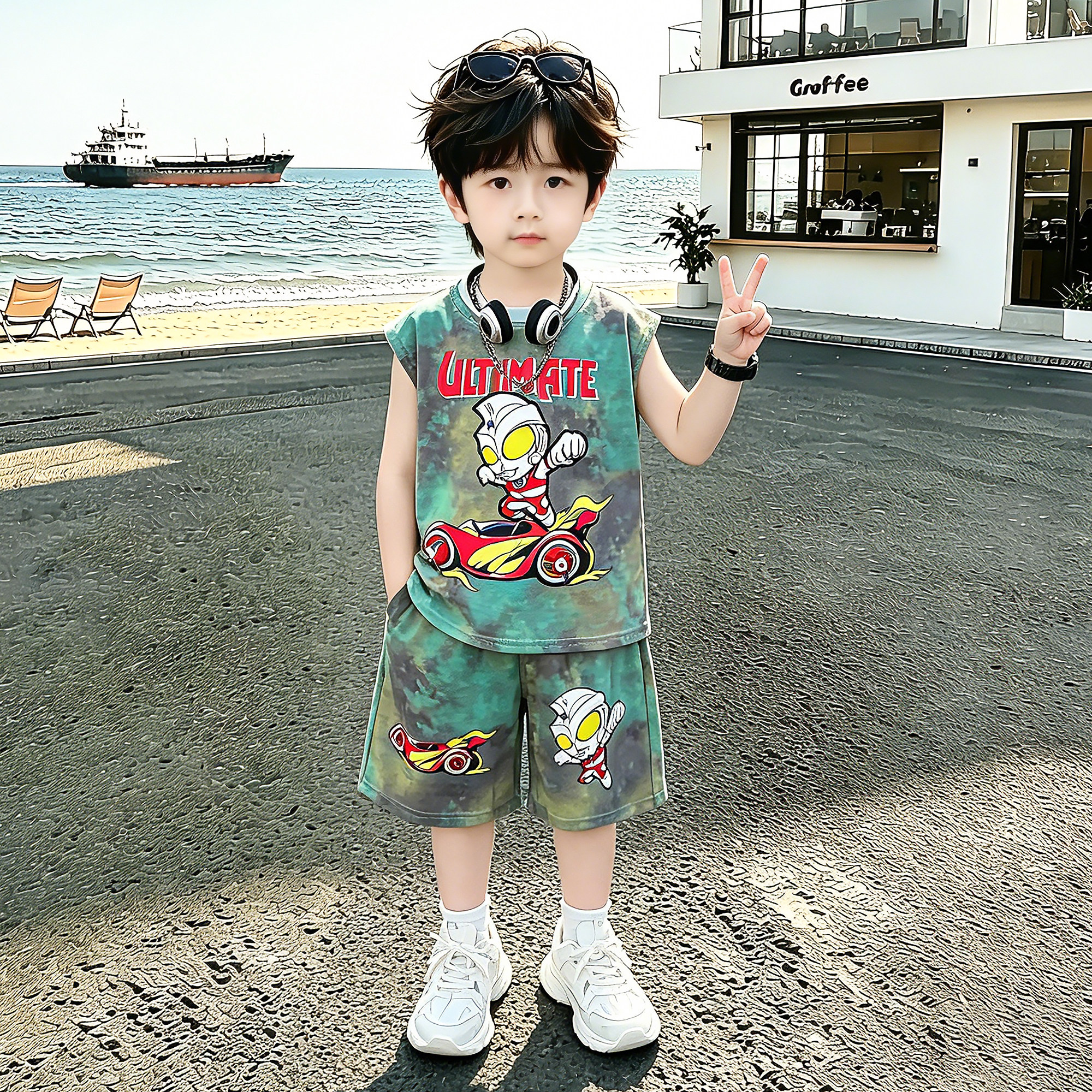 奥特男童夏季无袖套装2026新款运动儿童时髦宝宝夏装速干衣服潮