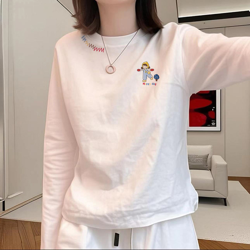 2025新款秋季宽松圆领白色长袖T恤女装休闲高级感别致打底衫上衣
