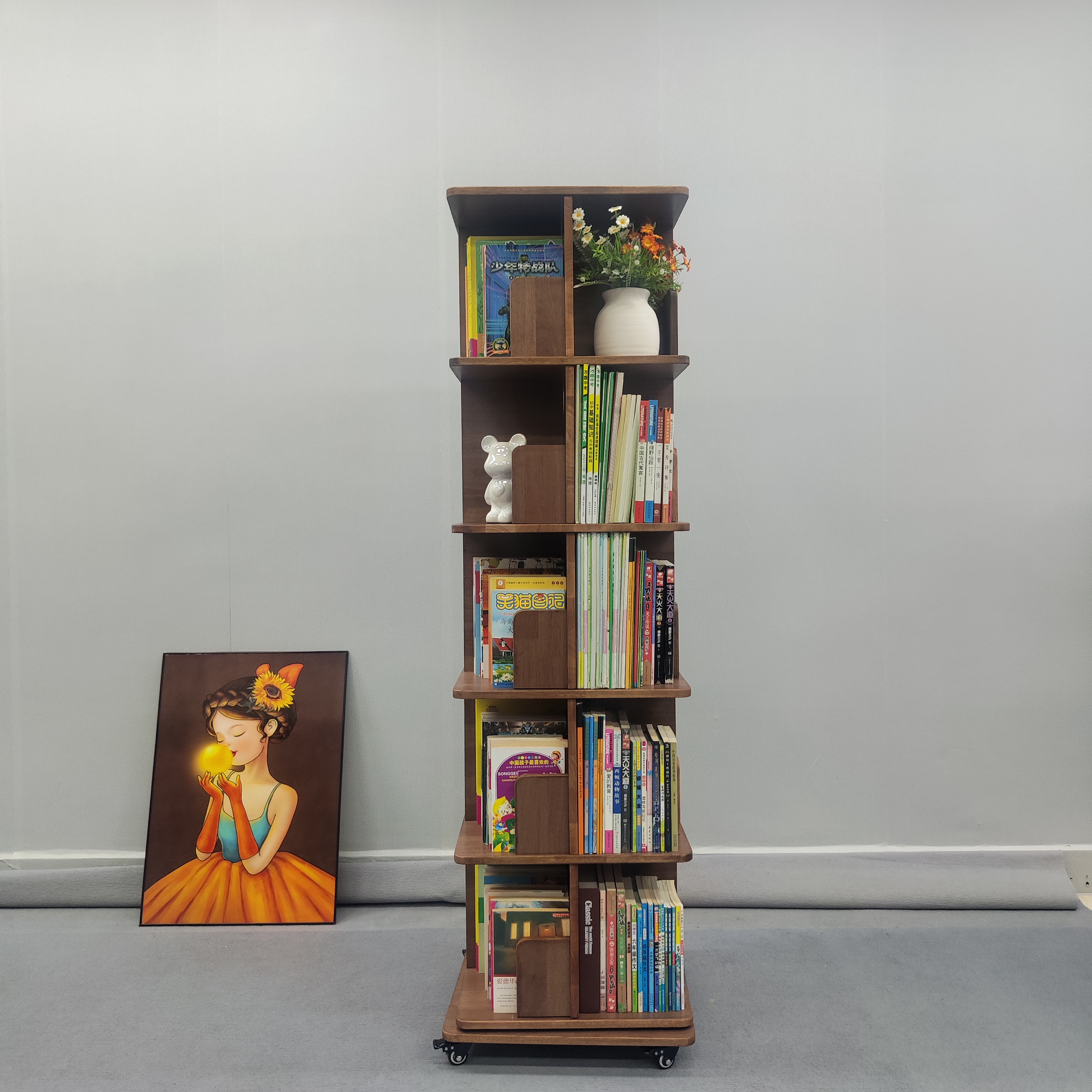 方形全实木旋转书架360度儿童书柜客厅学生绘本架置物架落地