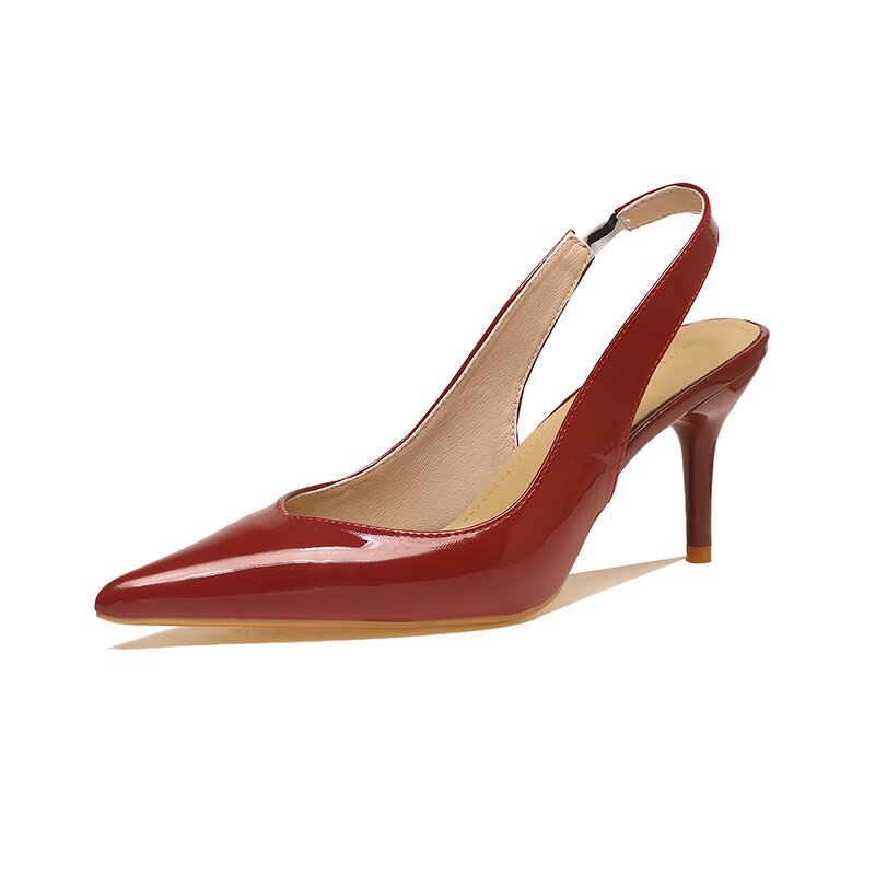 细跟高跟鞋气质裸色超高跟单鞋女鞋细跟漆皮复古尖头拼色浅口
