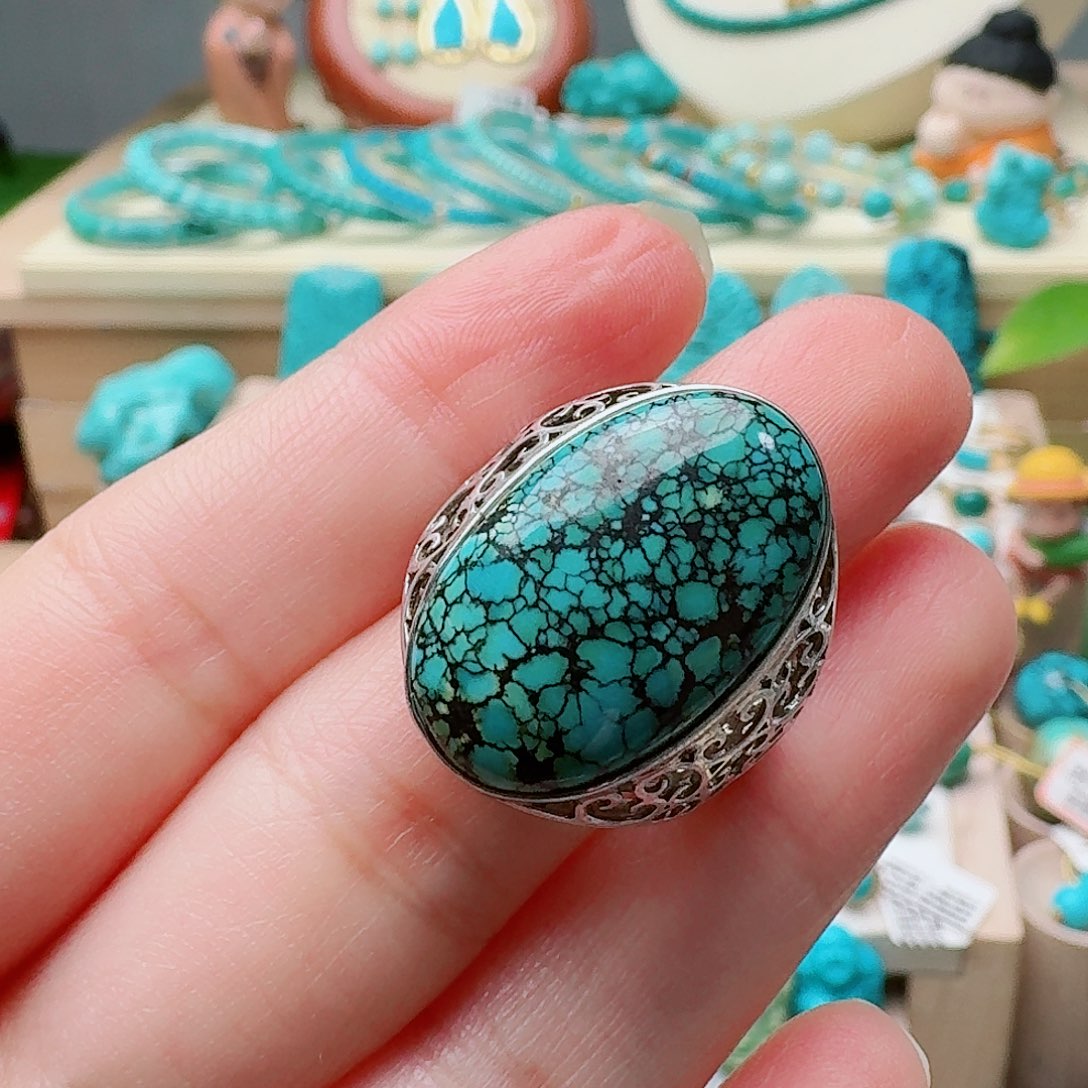 饼****绿松石银S925镶嵌男戒