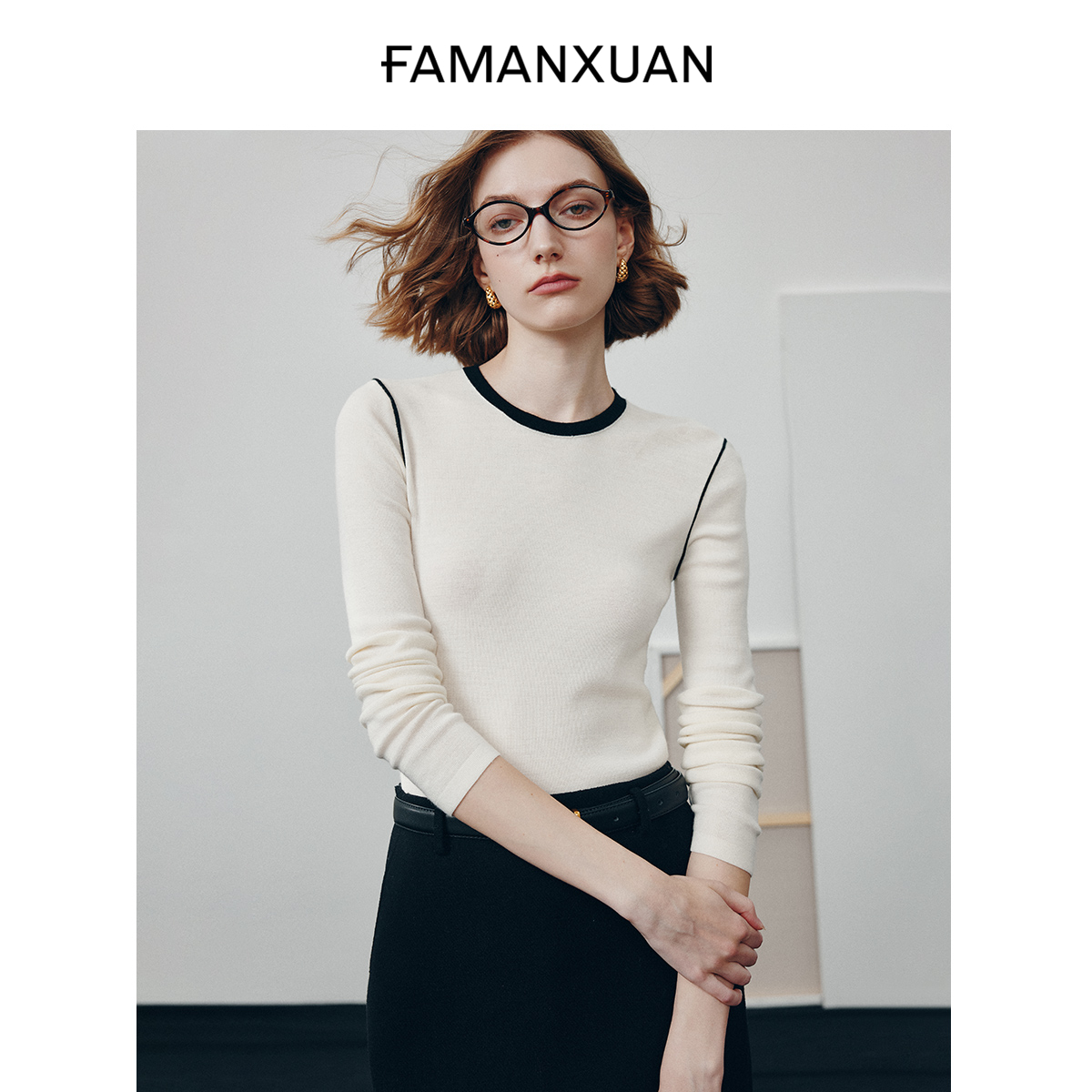 【CC专属】法曼萱针织打底衫显瘦2025冬新款设计感撞色上衣