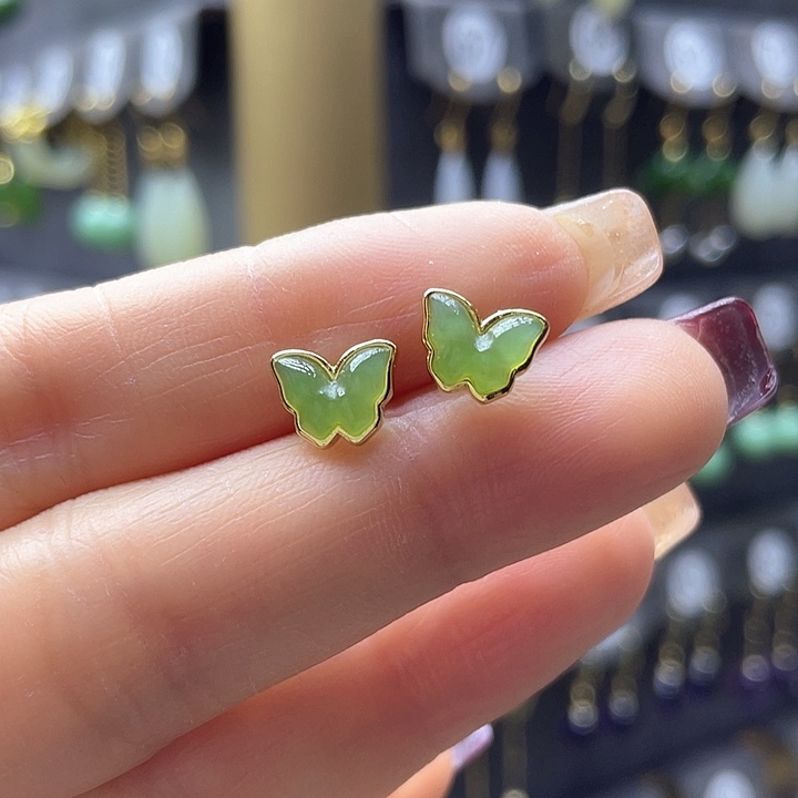 和田玉耳饰银S925镀金镶嵌