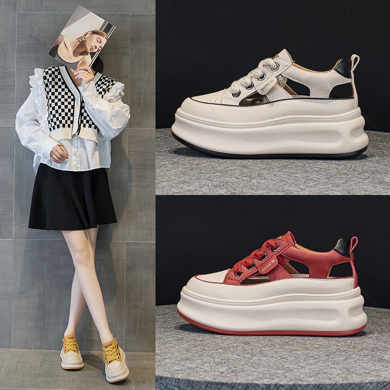 网红爆款真皮女鞋2025年夏季新款松糕厚底内增高7公分运动休闲鞋