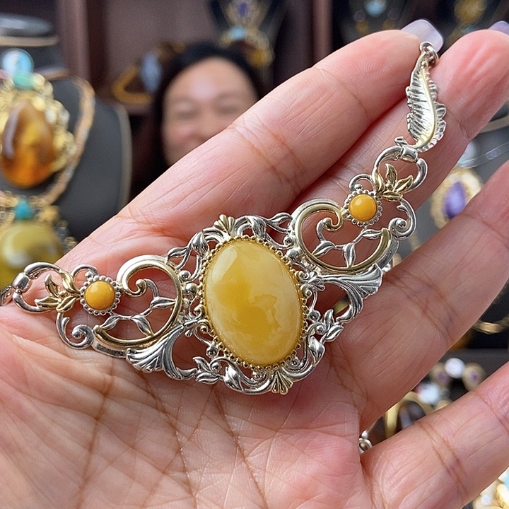 琥珀颈饰银S925镶嵌项链