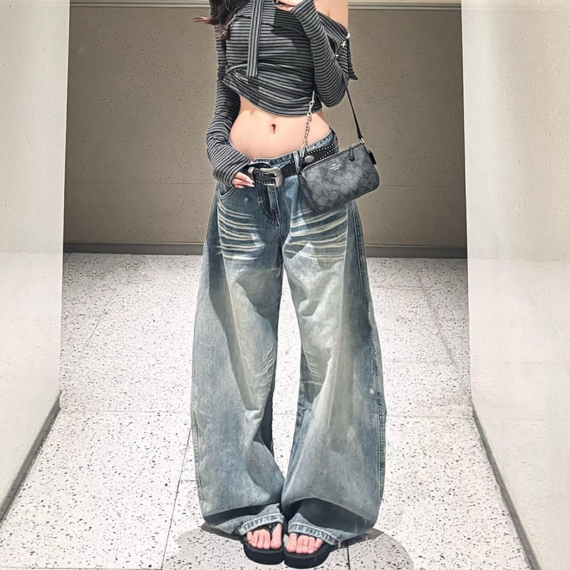 美式水洗立体猫须设计感牛仔裤女2025冬季宽松显瘦百搭阔腿直筒裤