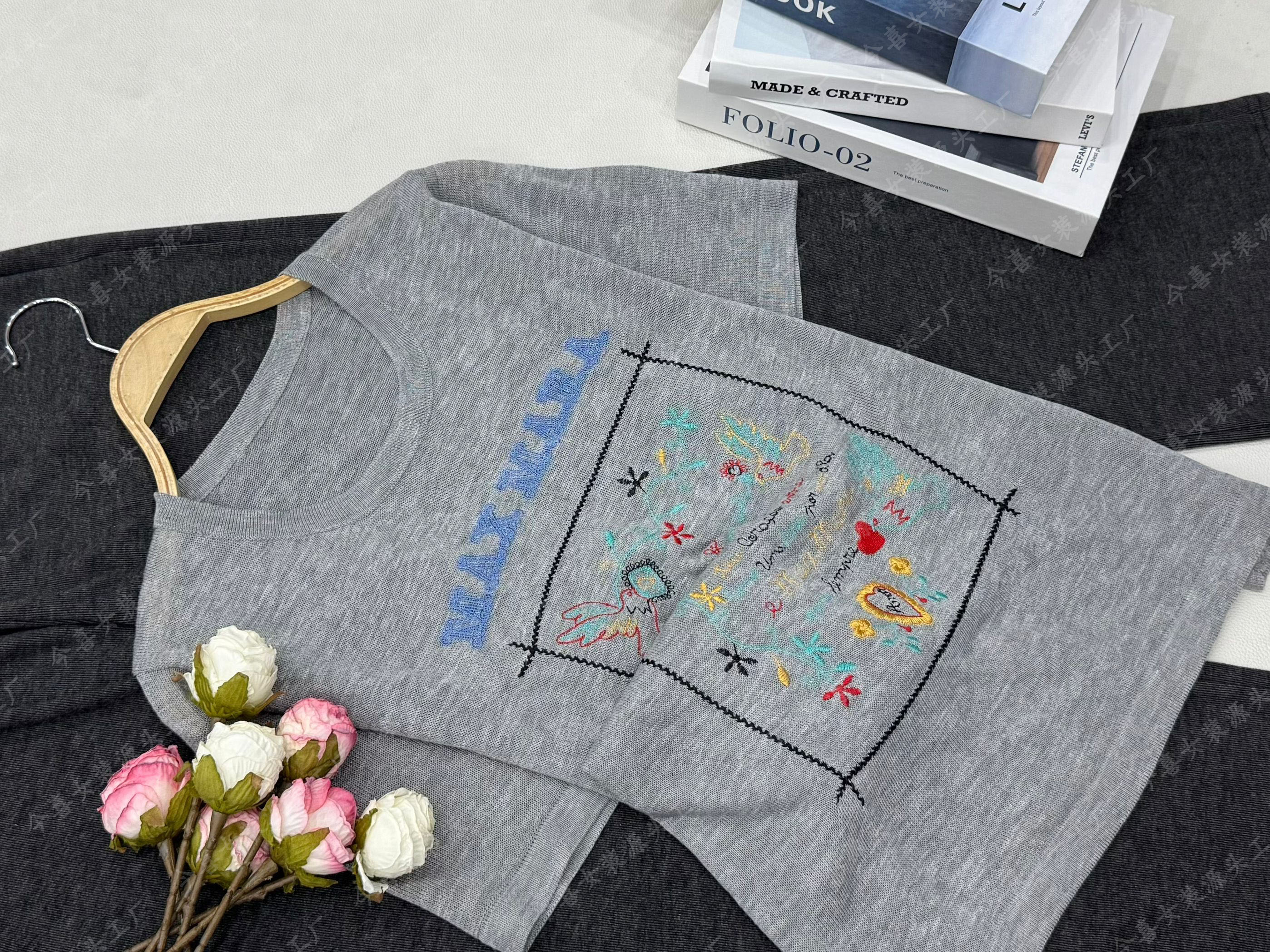 【灰色刺绣套头】夏季新款宽松设计感短袖上衣QC3427