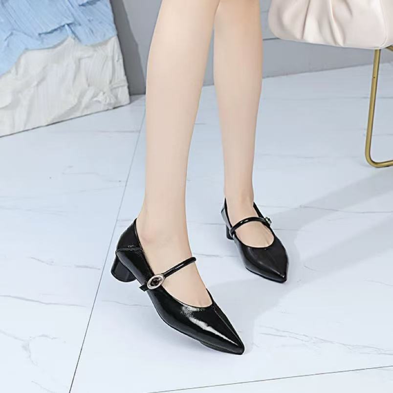 C6647 黑色 时尚尖头2025新款玛丽珍舒适粗跟浅口女单鞋