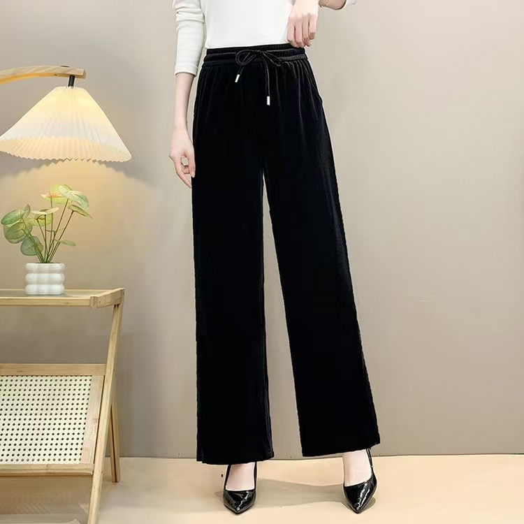 时尚妈妈裤子高腰垂感休闲百搭抽绳长裤直筒裤金丝绒阔腿裤女