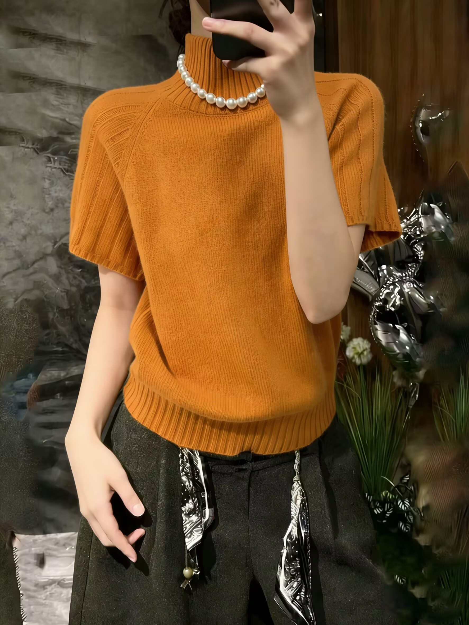 半高领针织衫女毛衣秋季新款设计感插肩袖短袖上衣复古显瘦打底衫