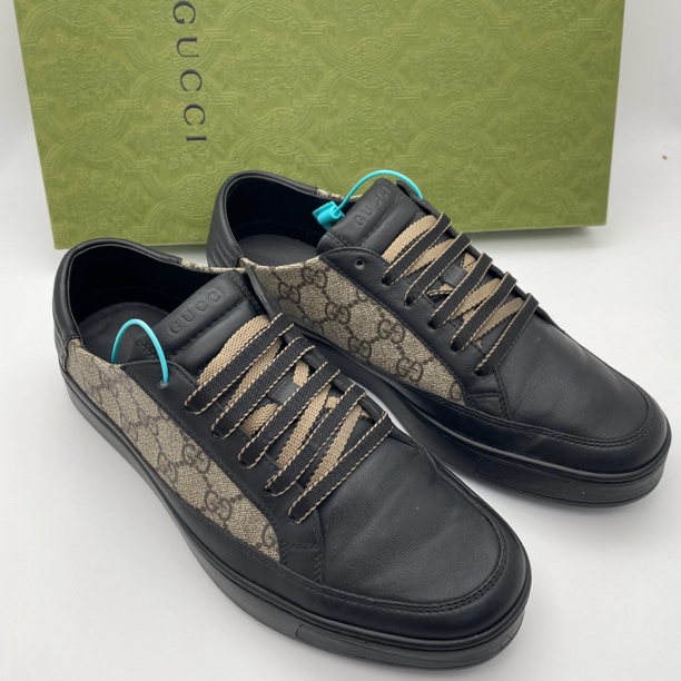 95新 GUCCI/古驰 41.5欧码/黑棕色双G半印老花休闲时尚板鞋