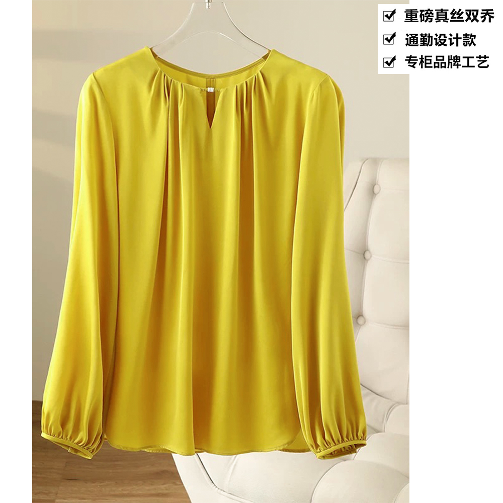 重磅真丝双乔纯色简约V窗圆领长袖桑蚕丝衬衫上衣ZKD05