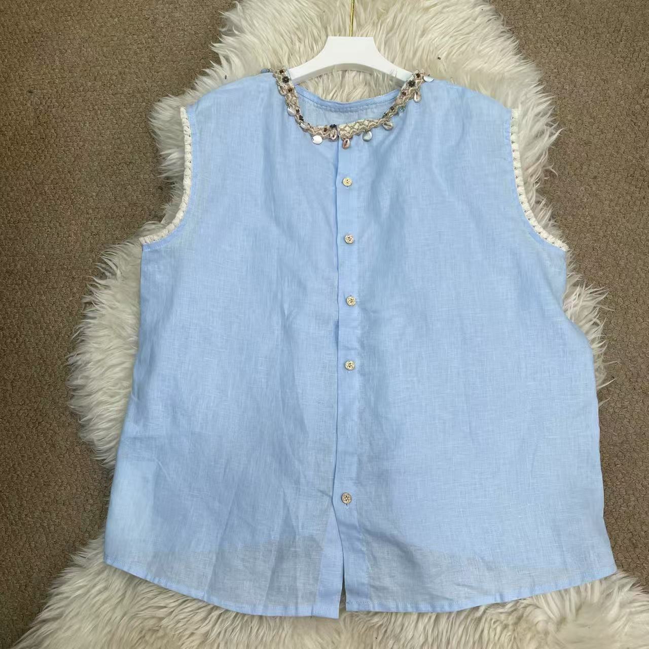 9912 夏季高定亚麻ding级休闲复古宽松版领口点缀设计背心