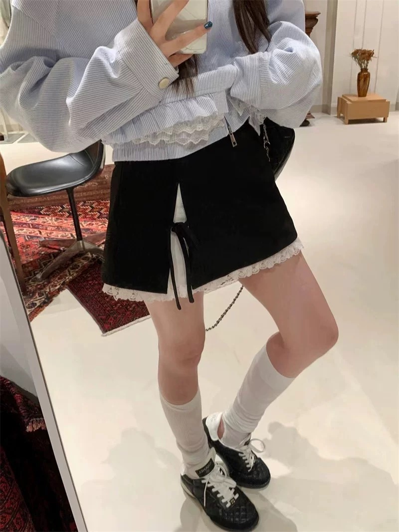 系带蝴蝶结拼接蕾丝假两件短裙春季新款韩版百搭A字半身裙