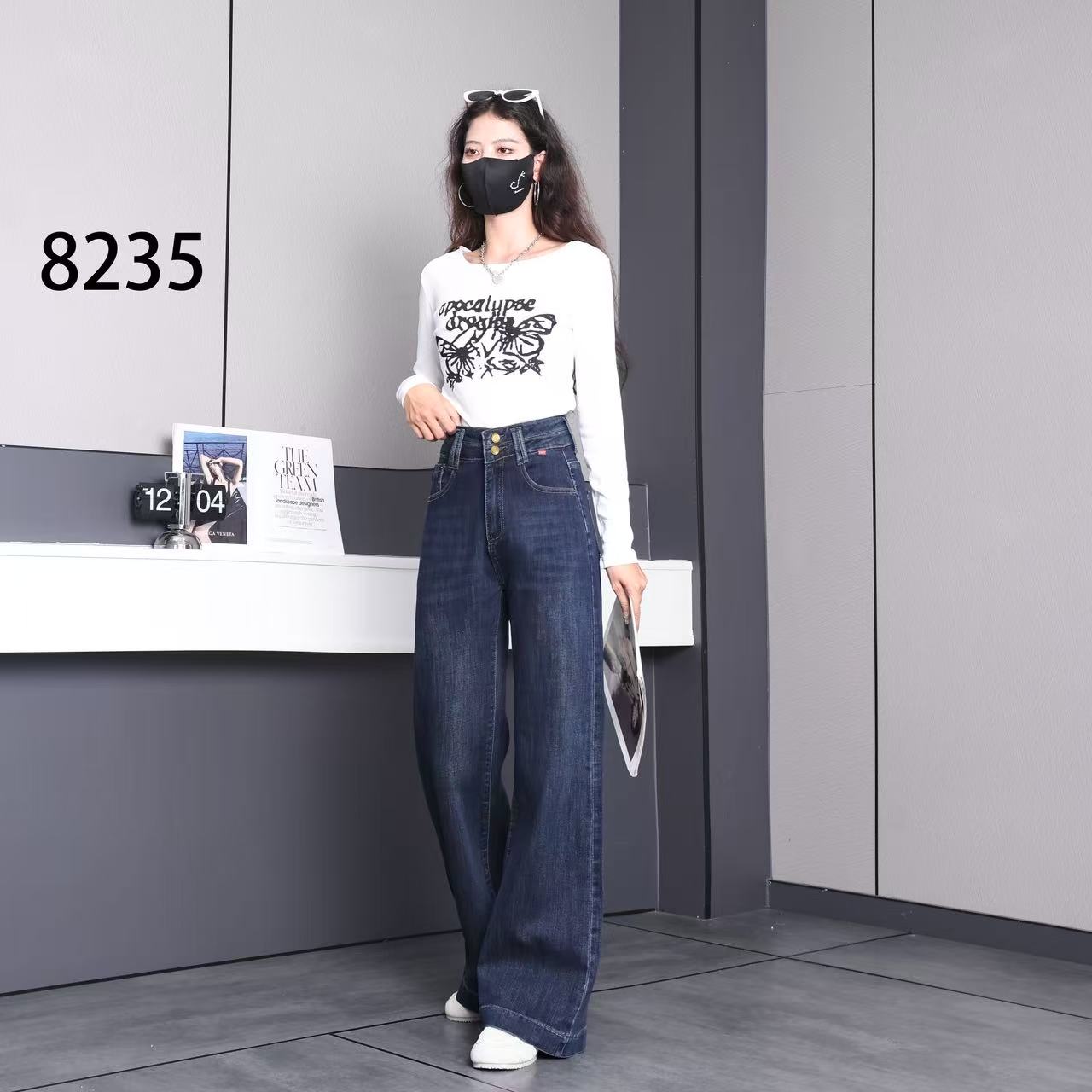 设计款高腰阔腿裤时尚复古牛仔裤秋季城市运动风休闲百搭