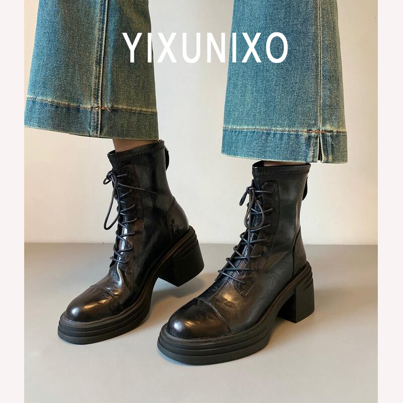 羊皮版~厚底粗跟马丁靴女气质百搭瘦瘦靴复古后拉链秋冬加绒短靴