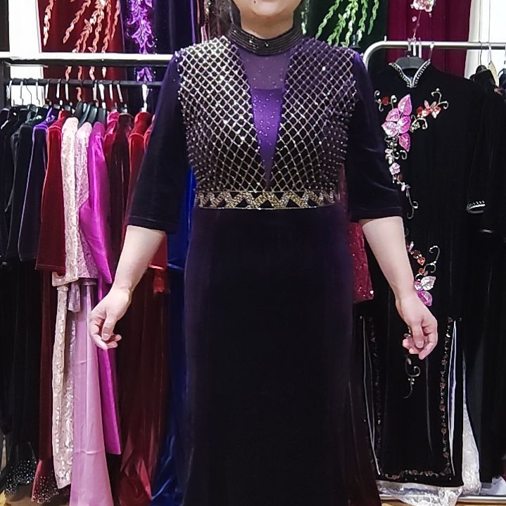 燕***格紫色品牌金丝绒重工中长鱼尾裙xl码