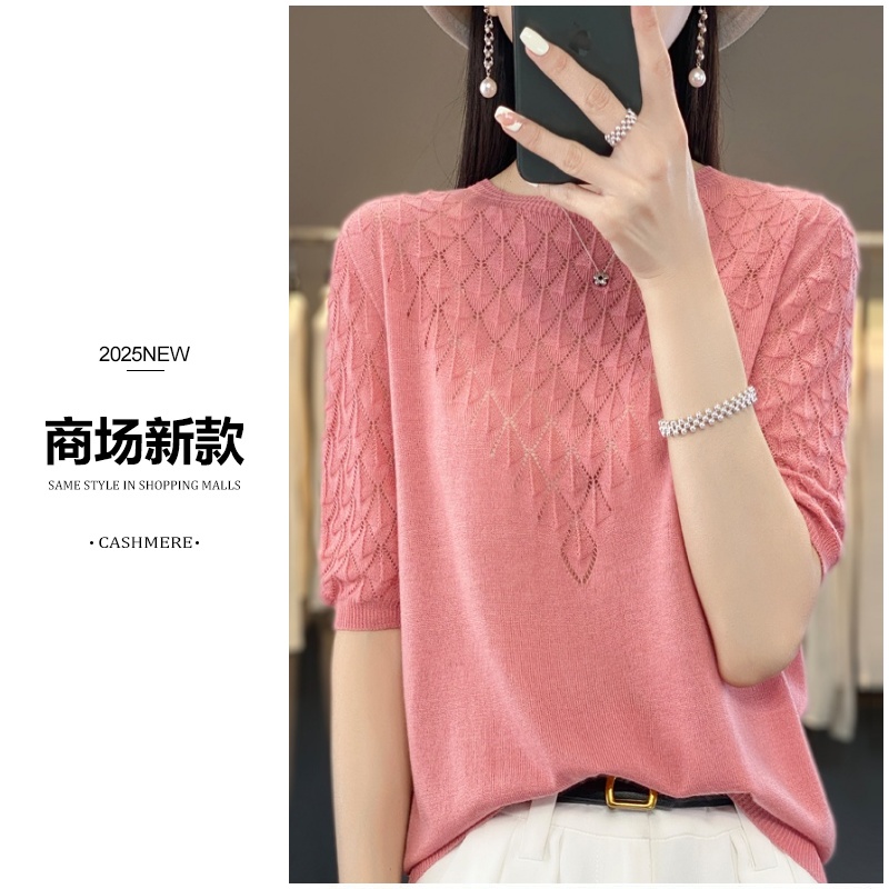 商场同款 断码清货 精纺水溶100羊毛一线成衣圆领针织短袖女士T恤