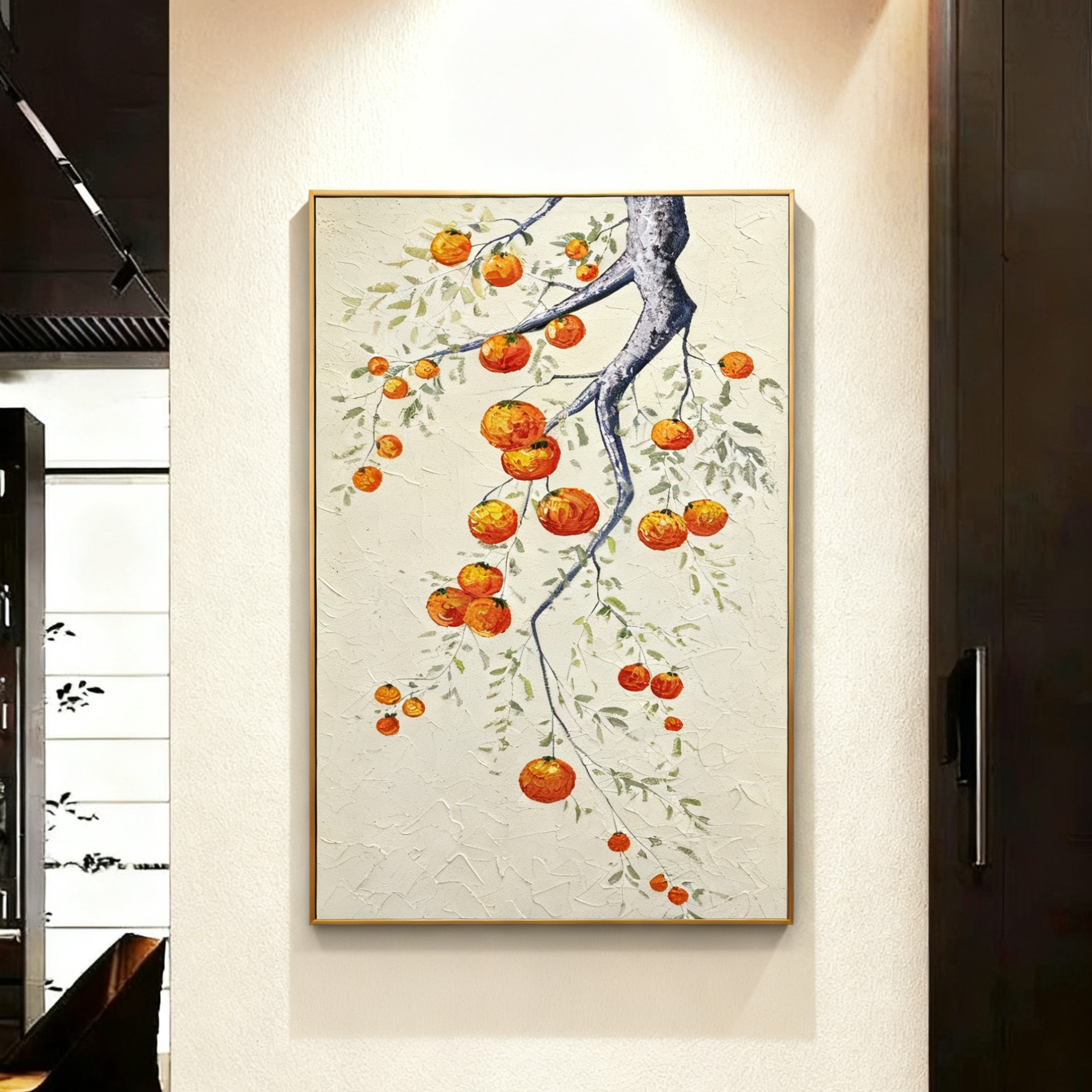 《柿柿如意》新中式奶油原木手工机理油画玄关装饰画走廊过道画