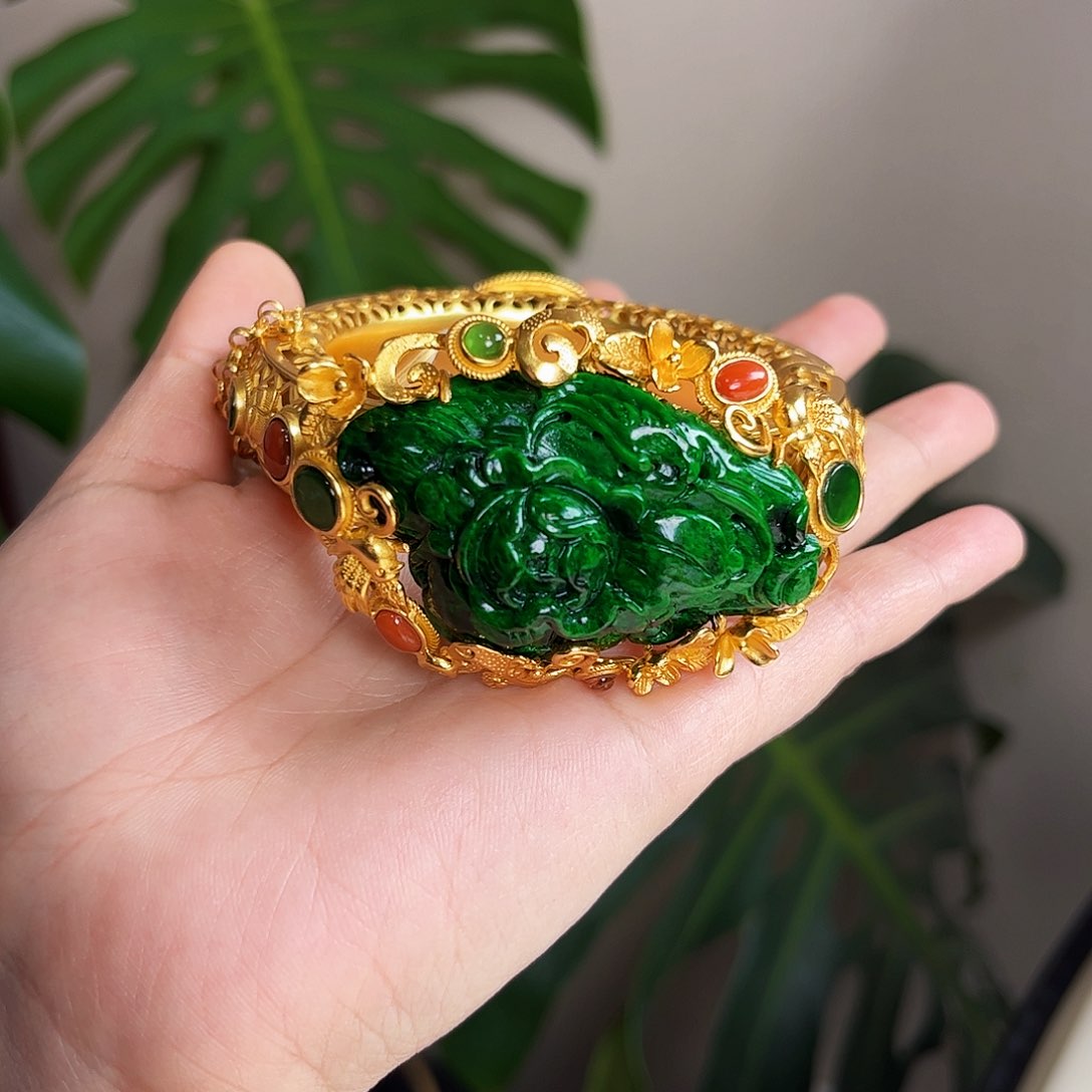 【闪购商品】翡翠手镯银S925镀金镶嵌 牡丹